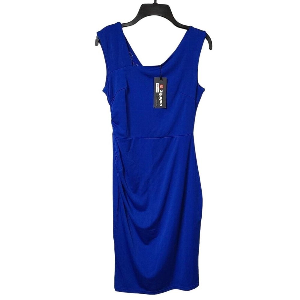 Zeagoo  Ruched Bodycon Stretch Sleeveless Lace Back Midi Dress Size Small Blue